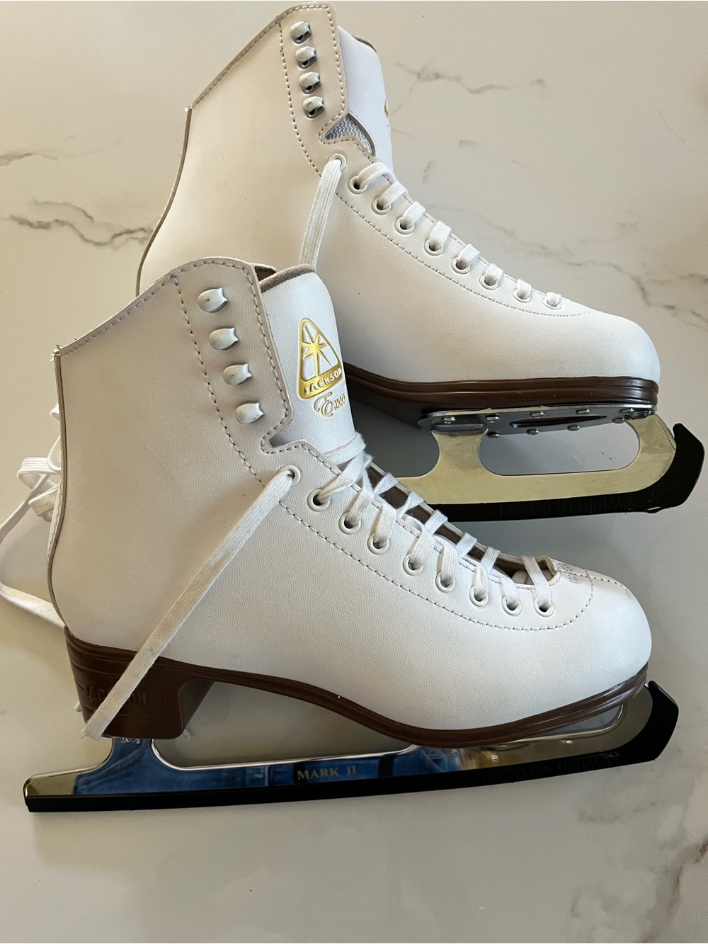 JACKSON Excel White Figure Ice Skates with Brown Sole Accents